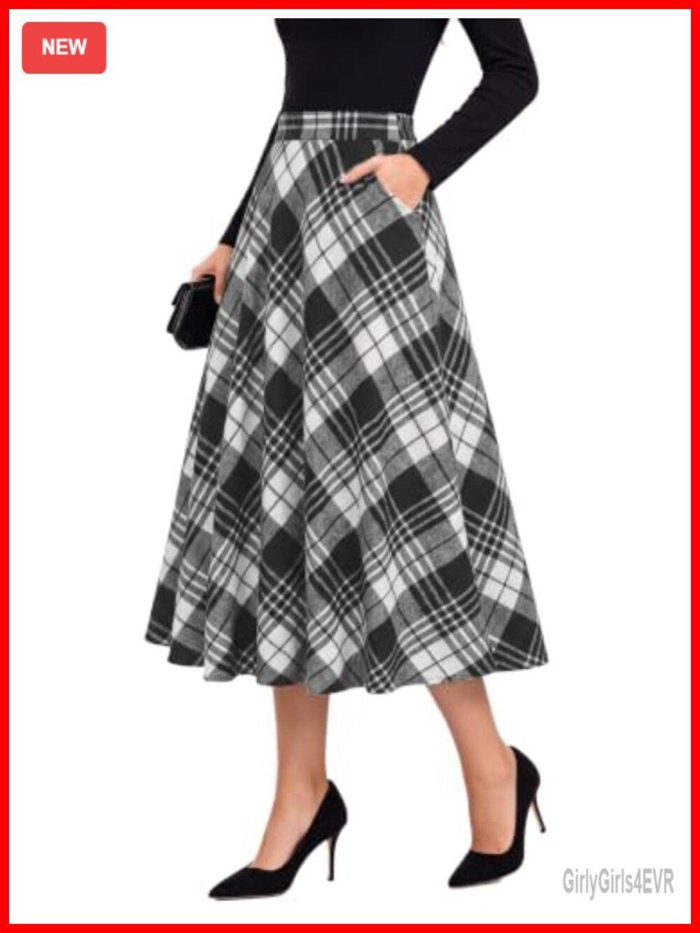 High Waisted Plaid Midi A-Line Skirt with Pockets for Fall Winter